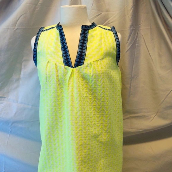 J Crew Neon Yellow and Deep Blue Geometric Print Midi Sheath Dress Size 2 EUC - Picture 3 of 16